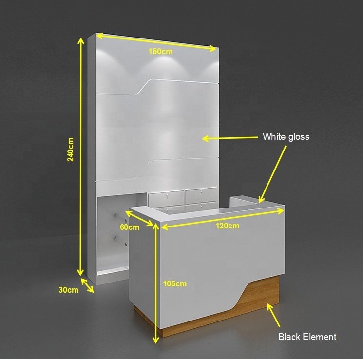 Hotel Modern Design Customized logo MFC Wood Counter Front Desk White Office Reception front lobby Table desk with back wall