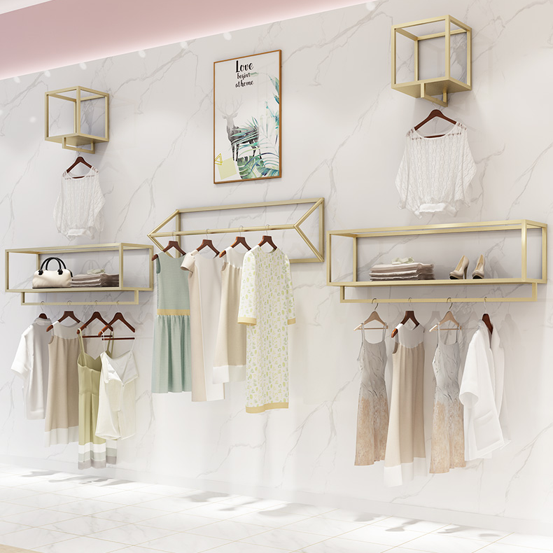 Popular Clothing Store Display Stand Female'S Clothes Golden Wall Hanger Combination Side Hanging Display Rack