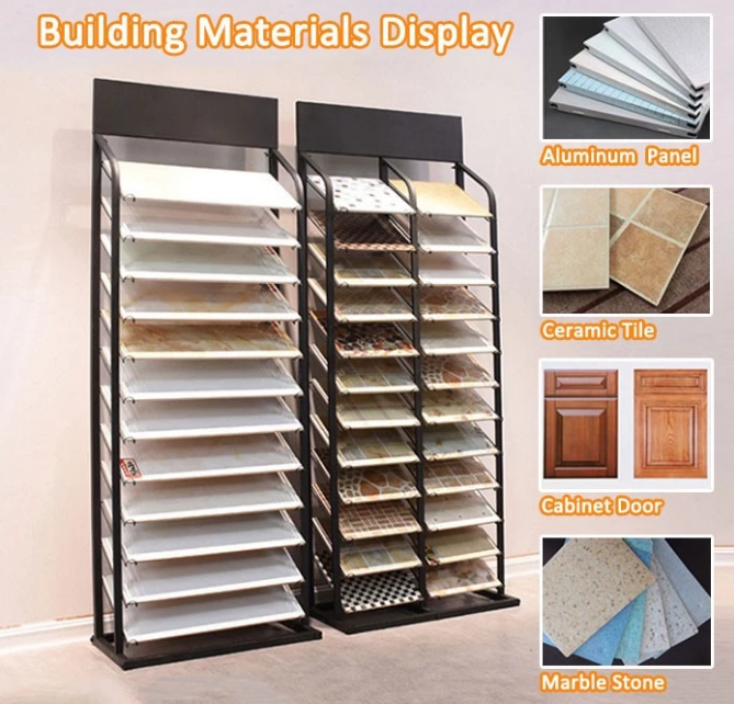 Standing Metal Floor Tower Display Racks Porcelain Ceramic Tile Waterfall Stands Marble Granite Stone Metal Displays Racks