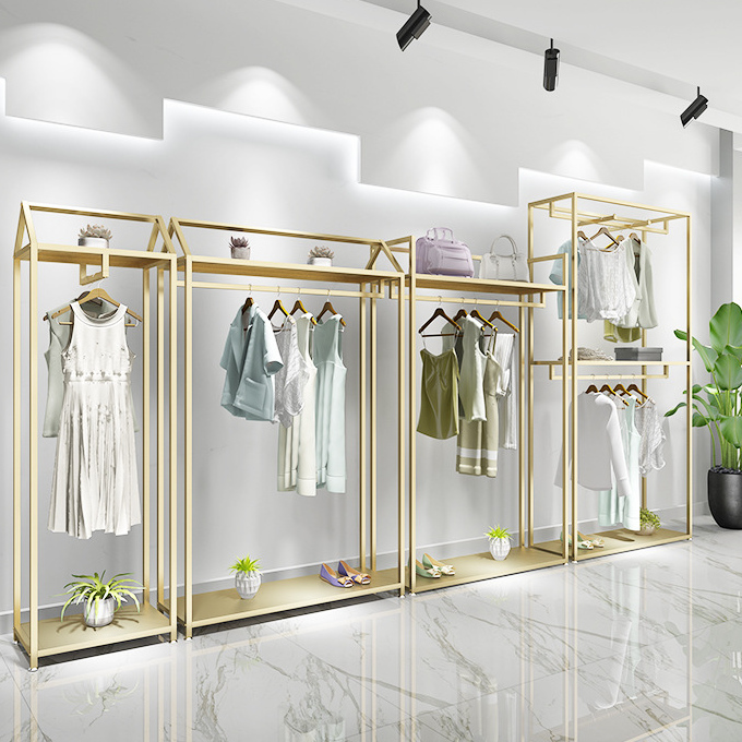 modern style retail clothes light luxury floor-standing gold clothing store display rack