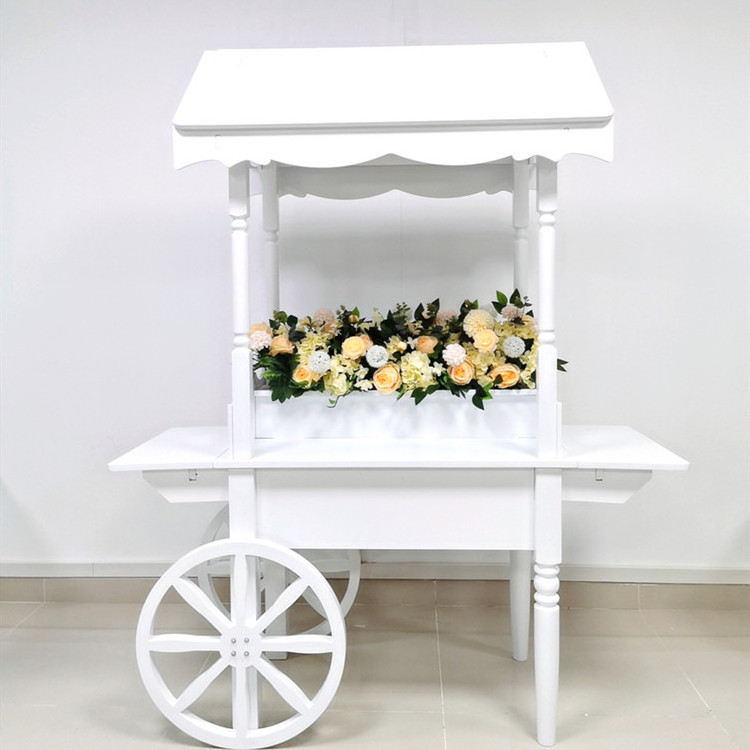 Hot Sale Wedding White Wood Sweet Decoration Dessert Display Candy Cart Flower Cart with Wheels