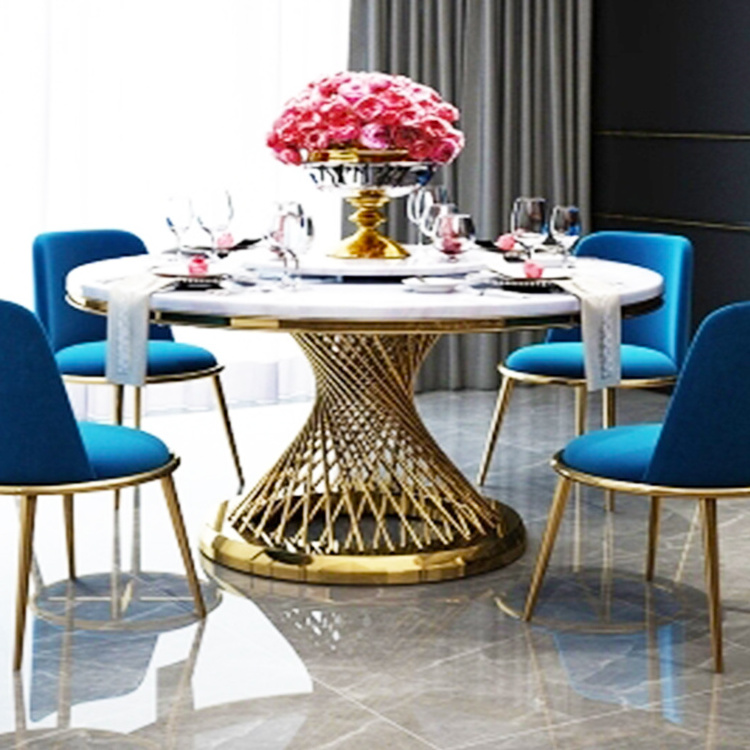 modern home stainless steel gold round marble top dining table Luxury gold base round marble dining table 6 seater Chair Set