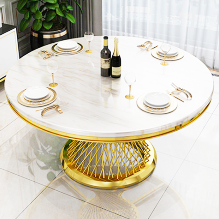 modern home stainless steel gold round marble top dining table Luxury gold base round marble dining table 6 seater Chair Set