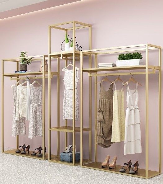 Boutique Store Furniture dress stand display rack gold Clothes Shop Fitting Wall Mounted Garment Rack clothing rack shelf