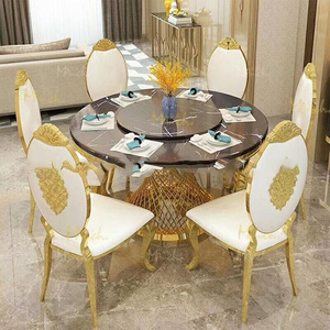 modern home stainless steel gold round marble top dining table Luxury gold base round marble dining table 6 seater Chair Set