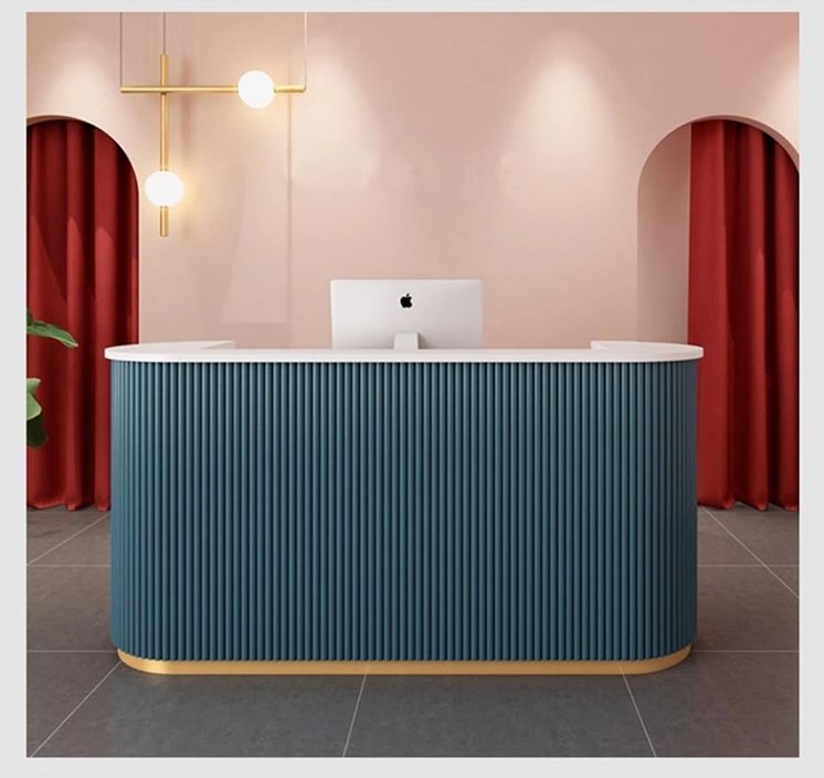 cheap price modern Wooden spa custom Reception Counter Blue Curved Beauty Salon Front desk Bar Office Hotel Reception Desk