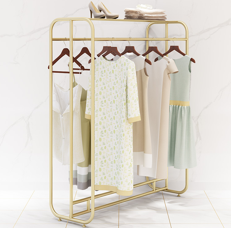 Wholesale modern customized display stand retail metal hanging clothes display racks, garment store furniture gold/clothing rack