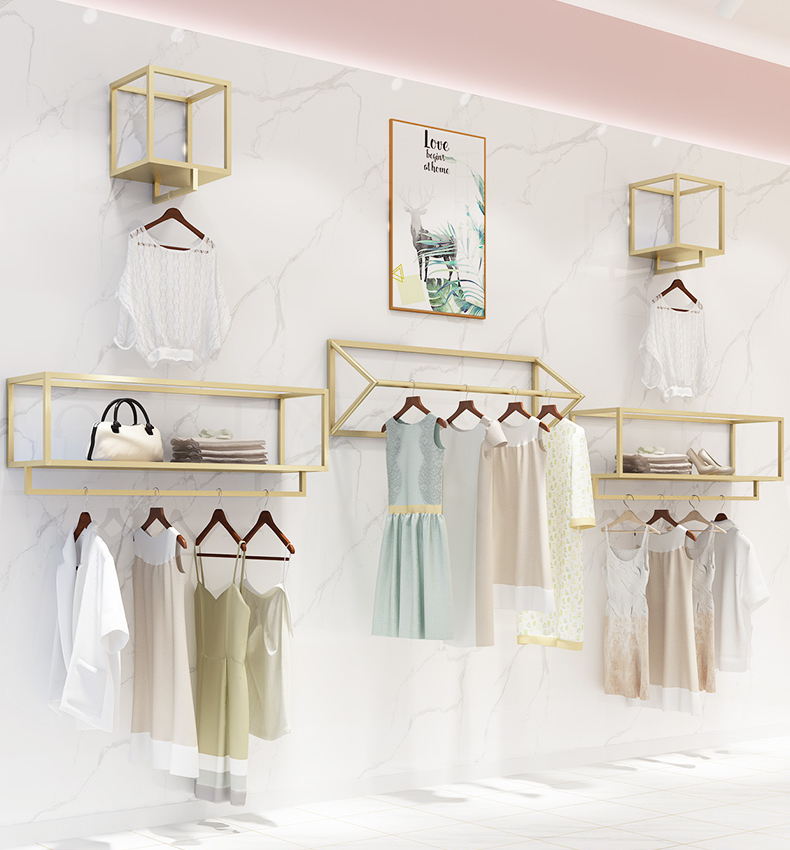 Popular Clothing Store Display Stand Female'S Clothes Golden Wall Hanger Combination Side Hanging Display Rack