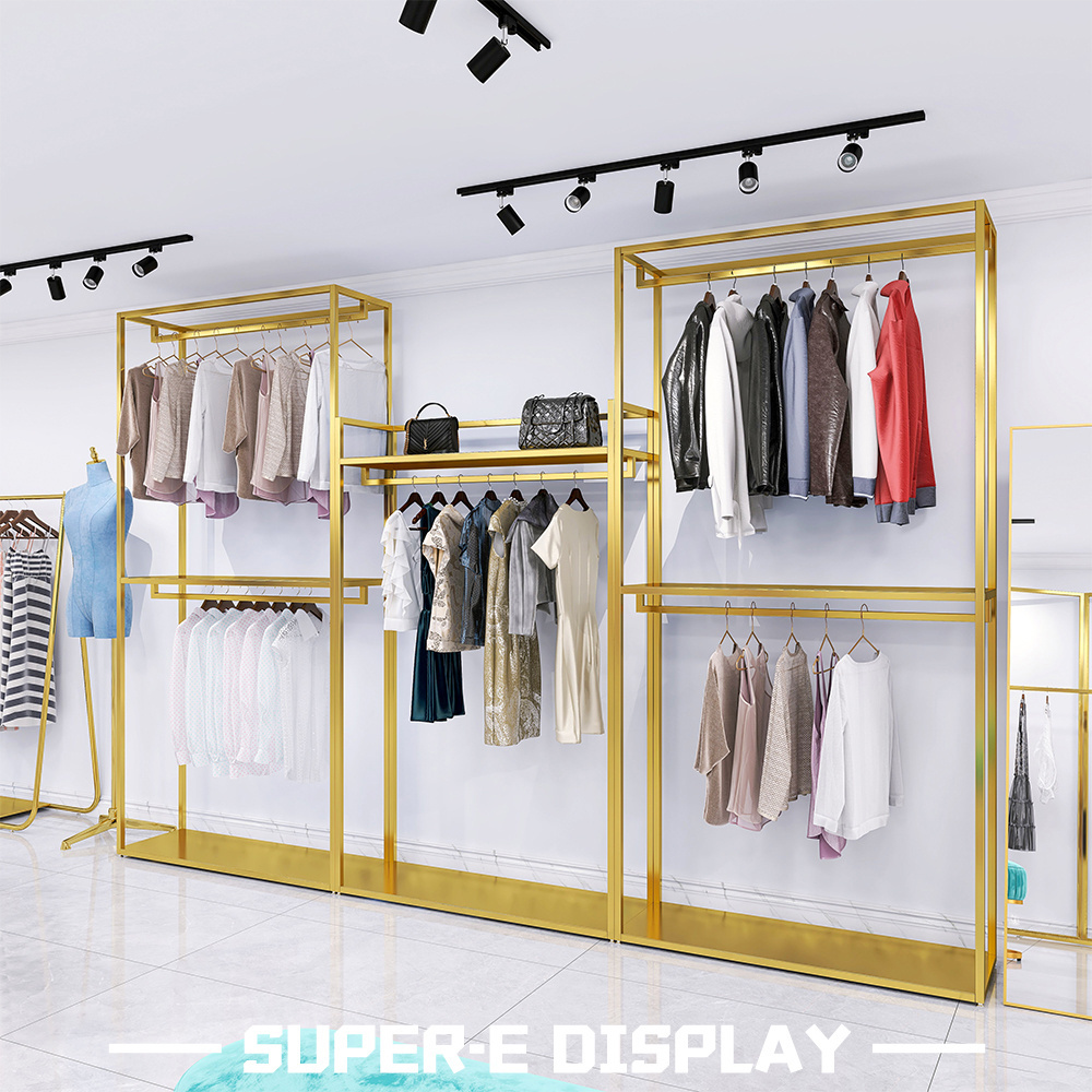 Lady Boutique Store Furniture Wall Shelves Gold Stainless Steel Clothing Display Rack Clothing Store Interior Design For Garment