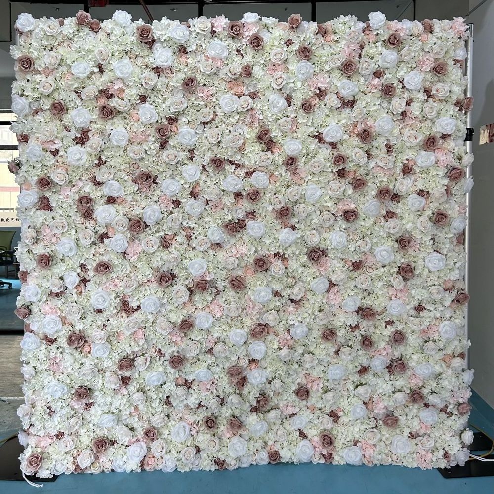 Custom Flowerwall 5D 3D Purple Roll Up Cloth Flower Wall Wedding Decor Artificial Silk Rose Flower Panel Backdrop Flower Wall