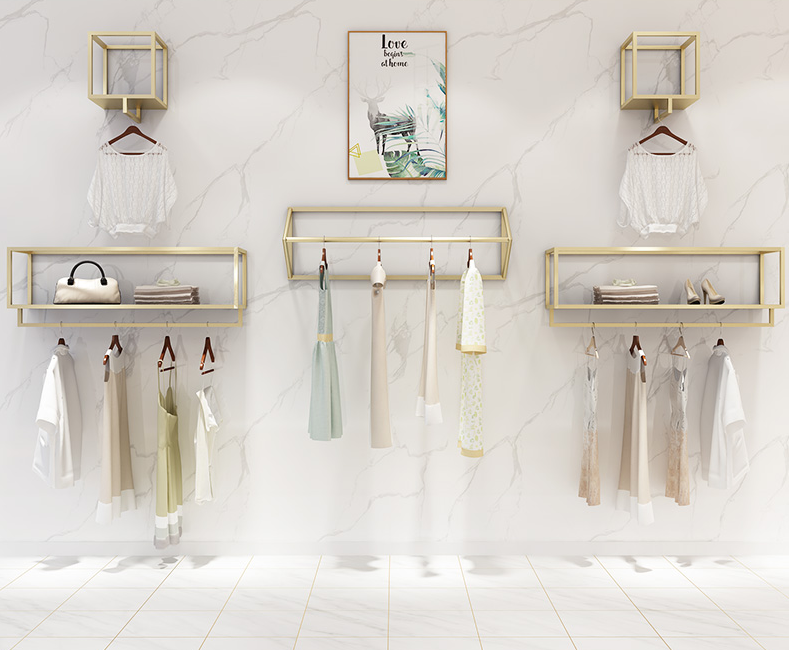 Popular Clothing Store Display Stand Female'S Clothes Golden Wall Hanger Combination Side Hanging Display Rack