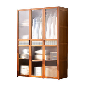 Simple Wooden Rattan Closet Organizer Wardrobe Vertical Clothes Storage Cabinet with Clothing Rod