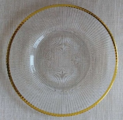 hot sale wedding party clear glass charger plates with gold rim