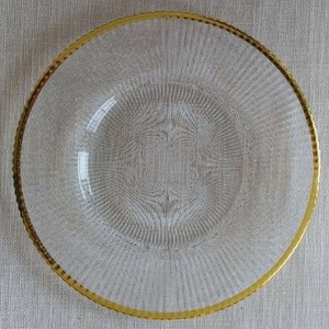 hot sale wedding party clear glass charger plates with gold rim