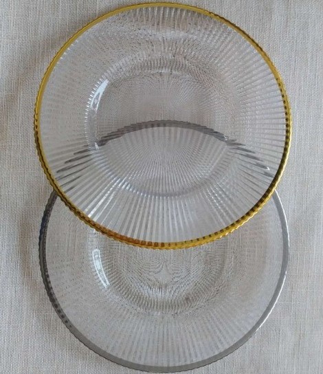 hot sale wedding party clear glass charger plates with gold rim