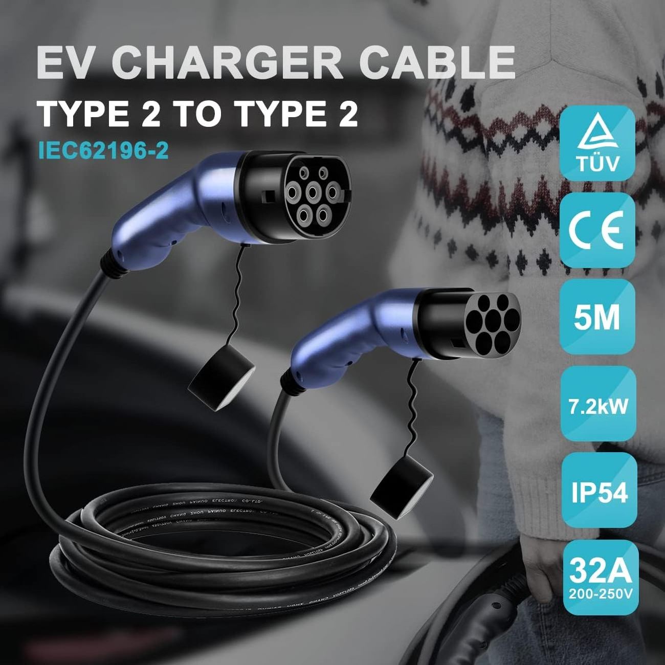 Coiled 16A 3 Phases EV Charging Cable Connector IEC 62196 Type 2 to Type 2 10kw Charger