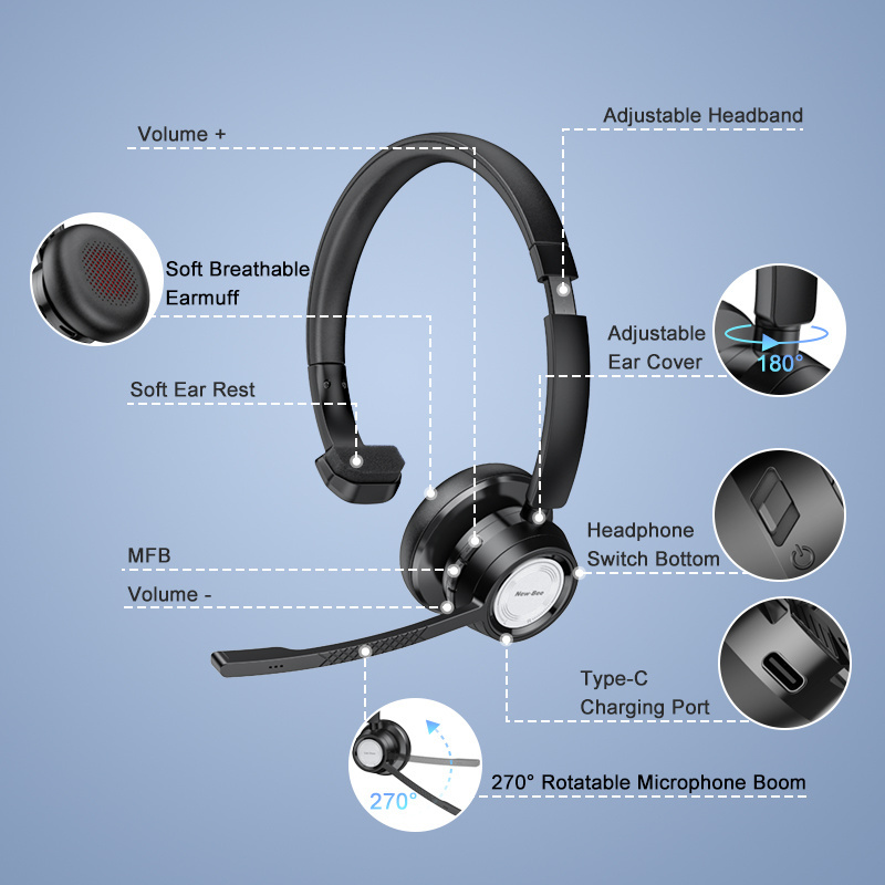 New Bee In Stock CVC8.0 Noise Cancelling Single Ear Trucker Bluetooth Headset Wireless Headphones with Mic