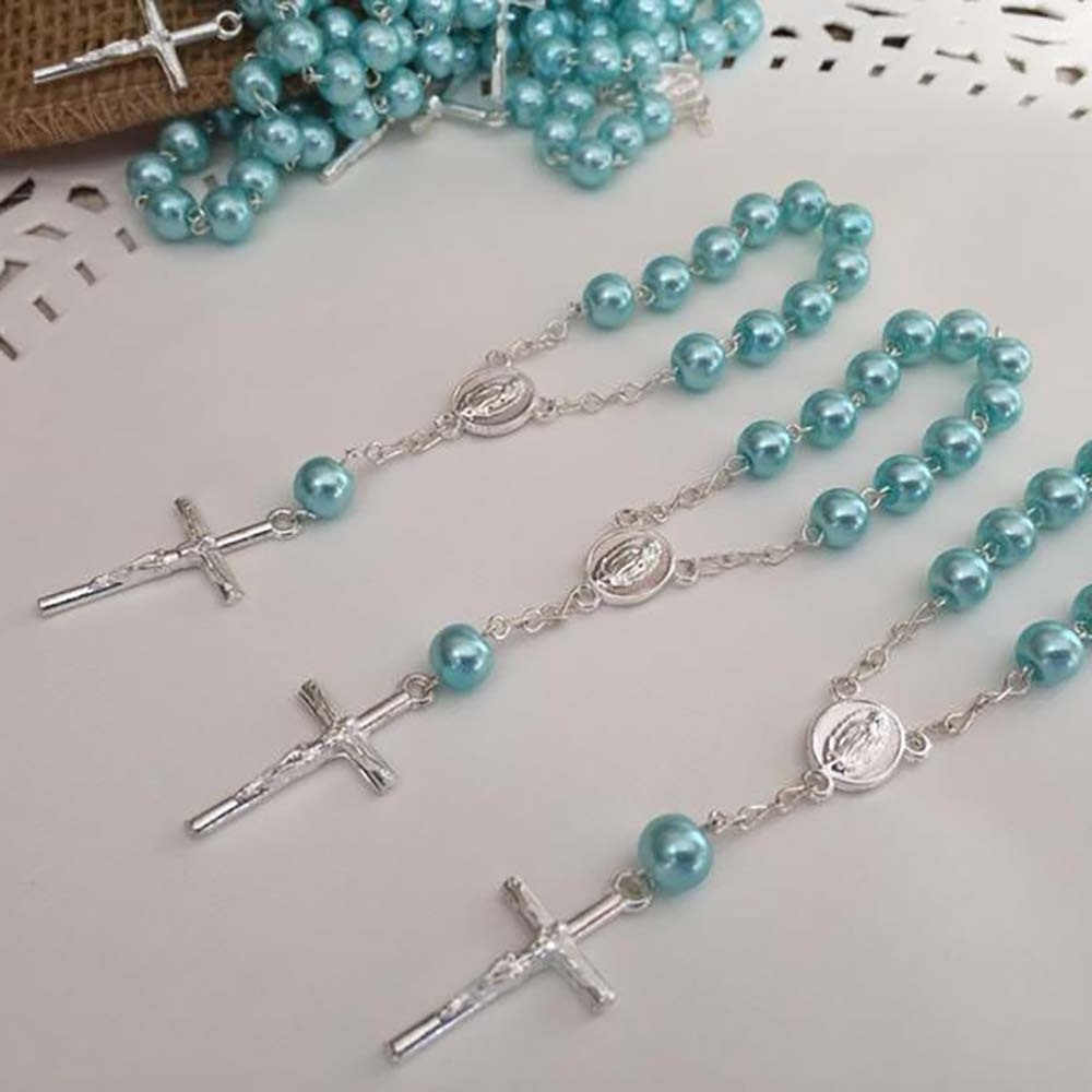 Baby Glass Pearl Baptism Communion Gift Catholic Cross Finger Chain Mini Prayer Rosary