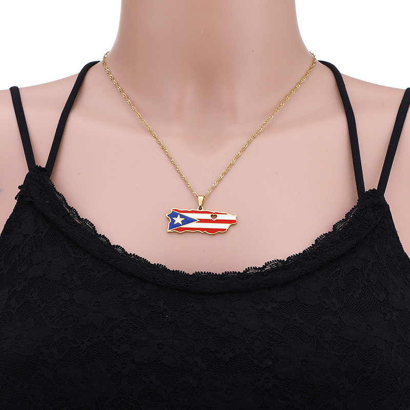 Puerto Rico Map Flag Pendant Necklaces Stainless Steel Gold/Steel Color Jewelry For Men Women Gifts