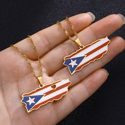 Puerto Rico Map Flag Pendant Necklaces Stainless Steel Gold/Steel Color Jewelry For Men Women Gifts