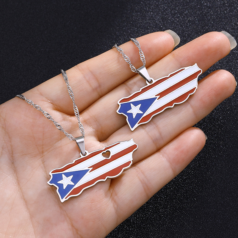 Puerto Rico Map Flag Pendant Necklaces Stainless Steel Gold/Steel Color Jewelry For Men Women Gifts