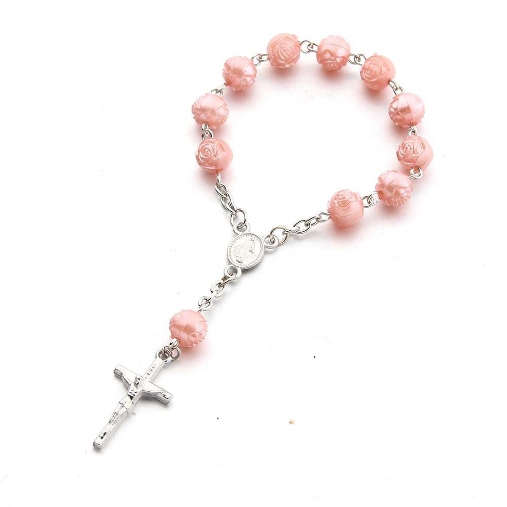 Baby Glass Pearl Baptism Communion Gift Catholic Cross Finger Chain Mini Prayer Rosary