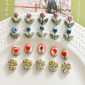 14.5x11.5mm Hand Painted Tulip Rose Flowers Ceramic Beads For Jewelry Making DIY Porcelain Beads Earring Pendant Accessory