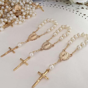 Baby Glass Pearl Baptism Communion Gift Catholic Cross Finger Chain Mini Prayer Rosary