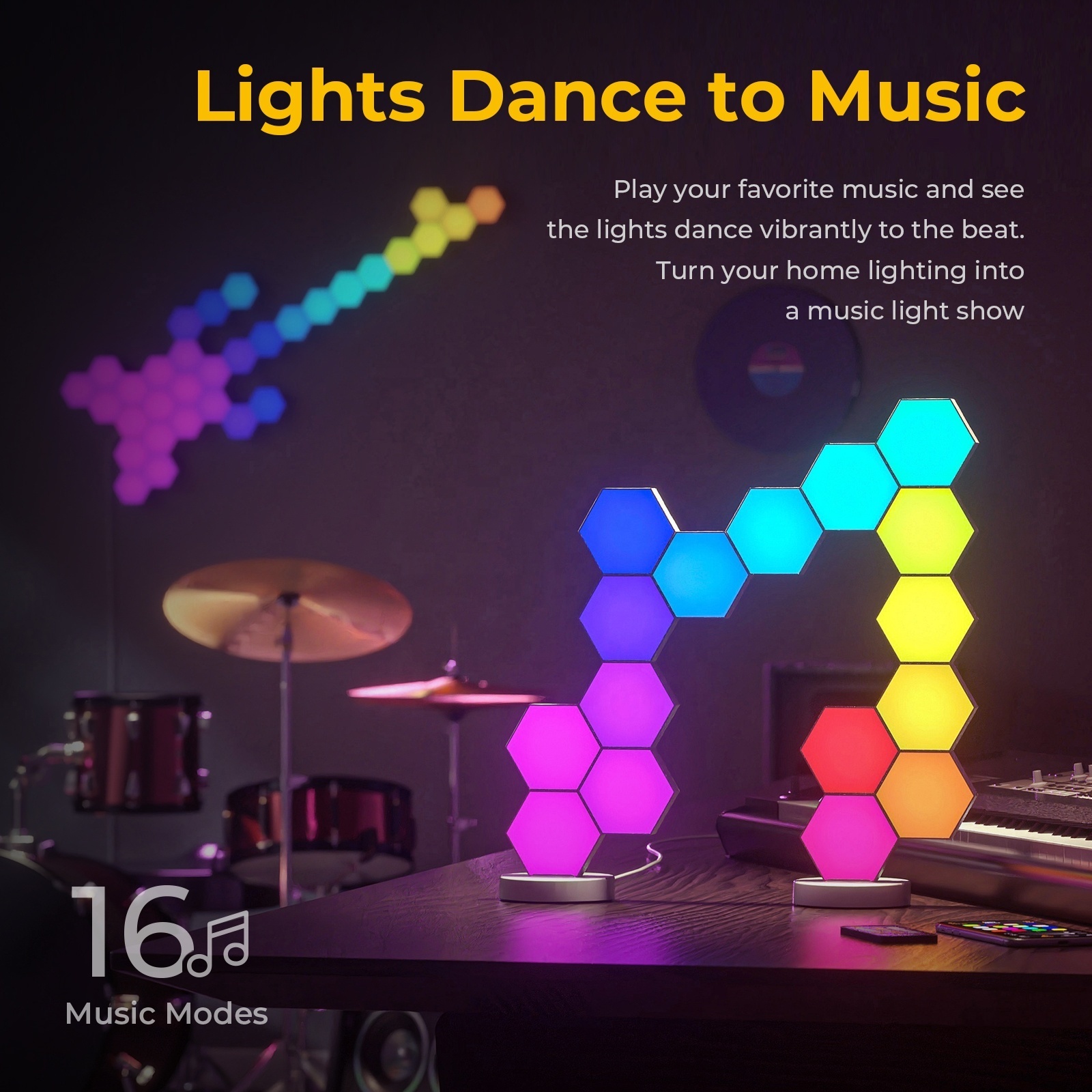 LED Panels 16 Pack, App Control RGB Hexagon LED Lights for Wall or Desktop with Music Sync for Gaming Room Decoration