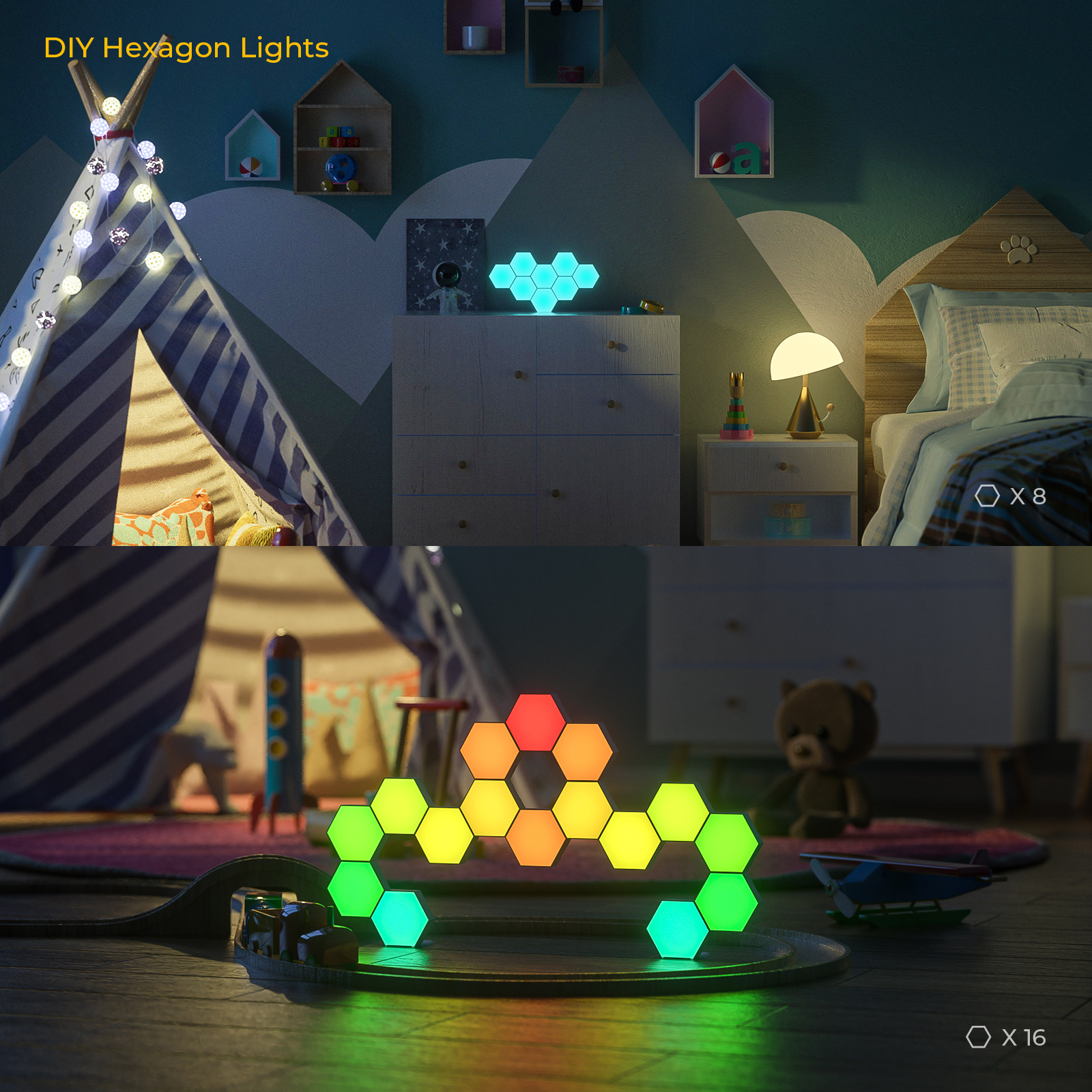 LED Panels 16 Pack, App Control RGB Hexagon LED Lights for Wall or Desktop with Music Sync for Gaming Room Decoration