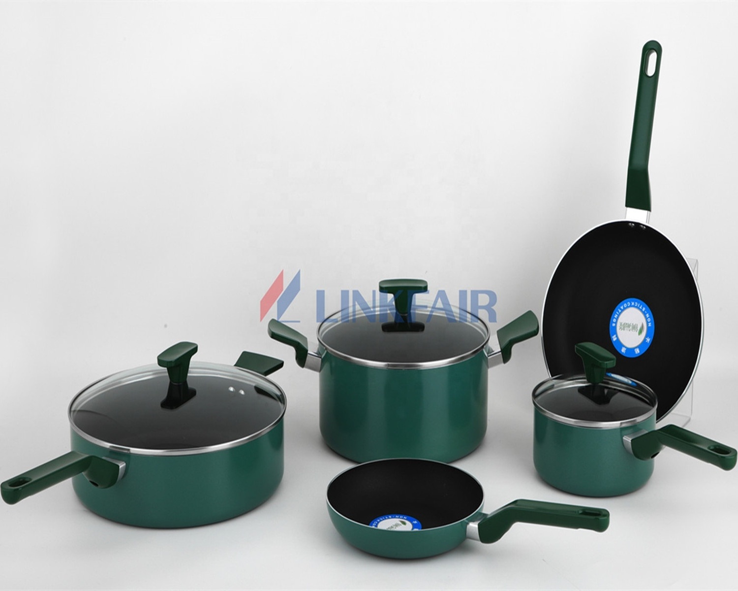 Linkfair 8-Piece Non Stick Cookware Set of Green Color bakelite handle saucepan/dutch oven/saute pan with lid frypan