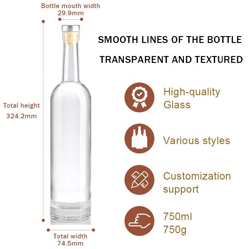 Custom 200Ml 375Ml 500Ml 750Ml 1000Ml Transparent Round Empty Flint Glass Liquor Wine Whisky Vodka Tequila Bottle With Cork Lid