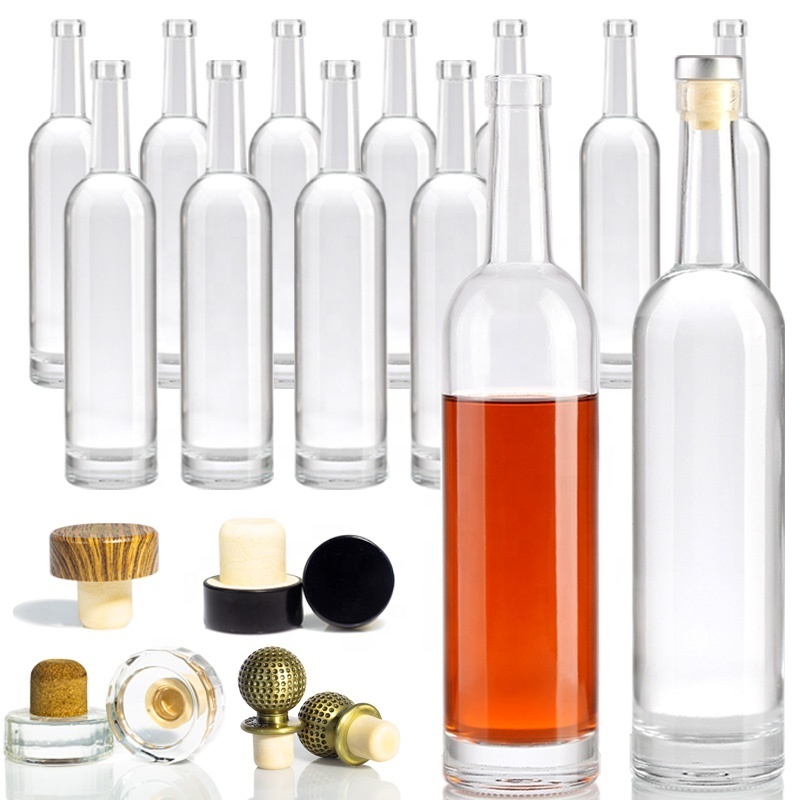 Custom 200Ml 375Ml 500Ml 750Ml 1000Ml Transparent Round Empty Flint Glass Liquor Wine Whisky Vodka Tequila Bottle With Cork Lid