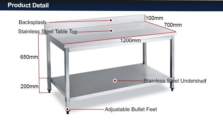 European Style Commercial Kitchen Work Table Two Shelves Stainless Steel with Adjustable Feet