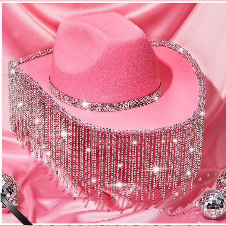 Elegant Style Woman Cute Cowboy Hats With Diamond Tassel Custom Desgin Pink Cowboy Hat