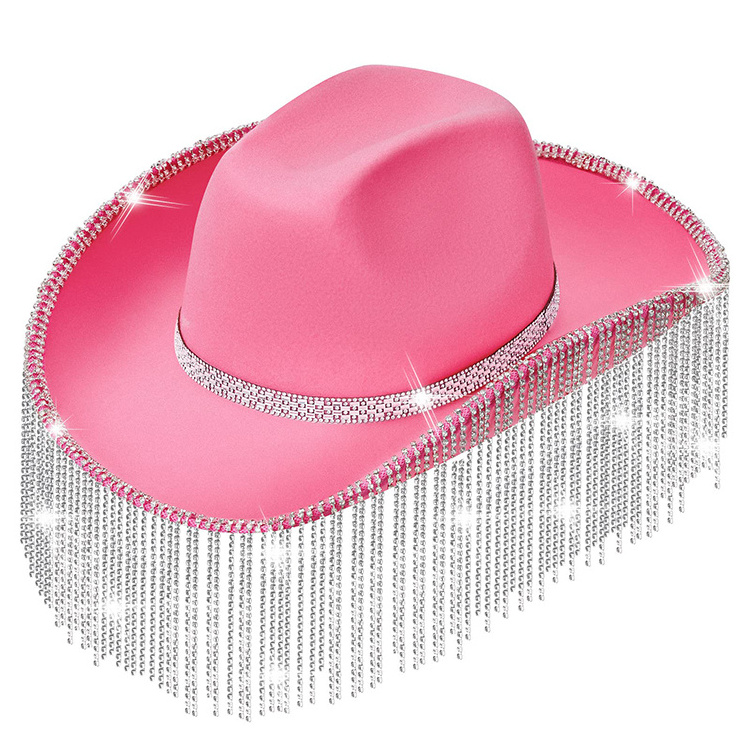 Elegant Style Woman Cute Cowboy Hats With Diamond Tassel Custom Desgin Pink Cowboy Hat