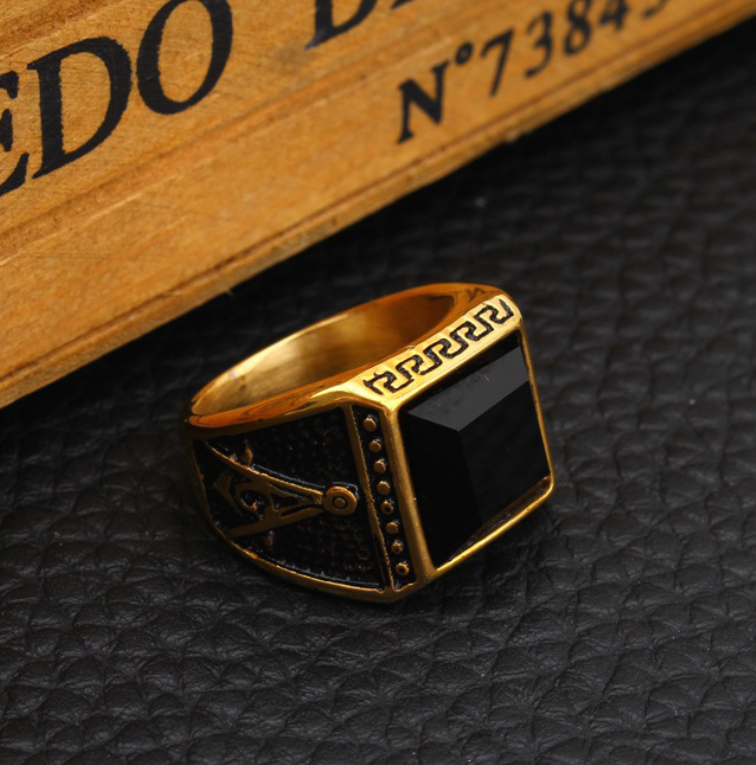 Valentine's day Gift Gold Plating 316L Stainless Steel Casting Ring Jewelry Black Stone Masonic rings