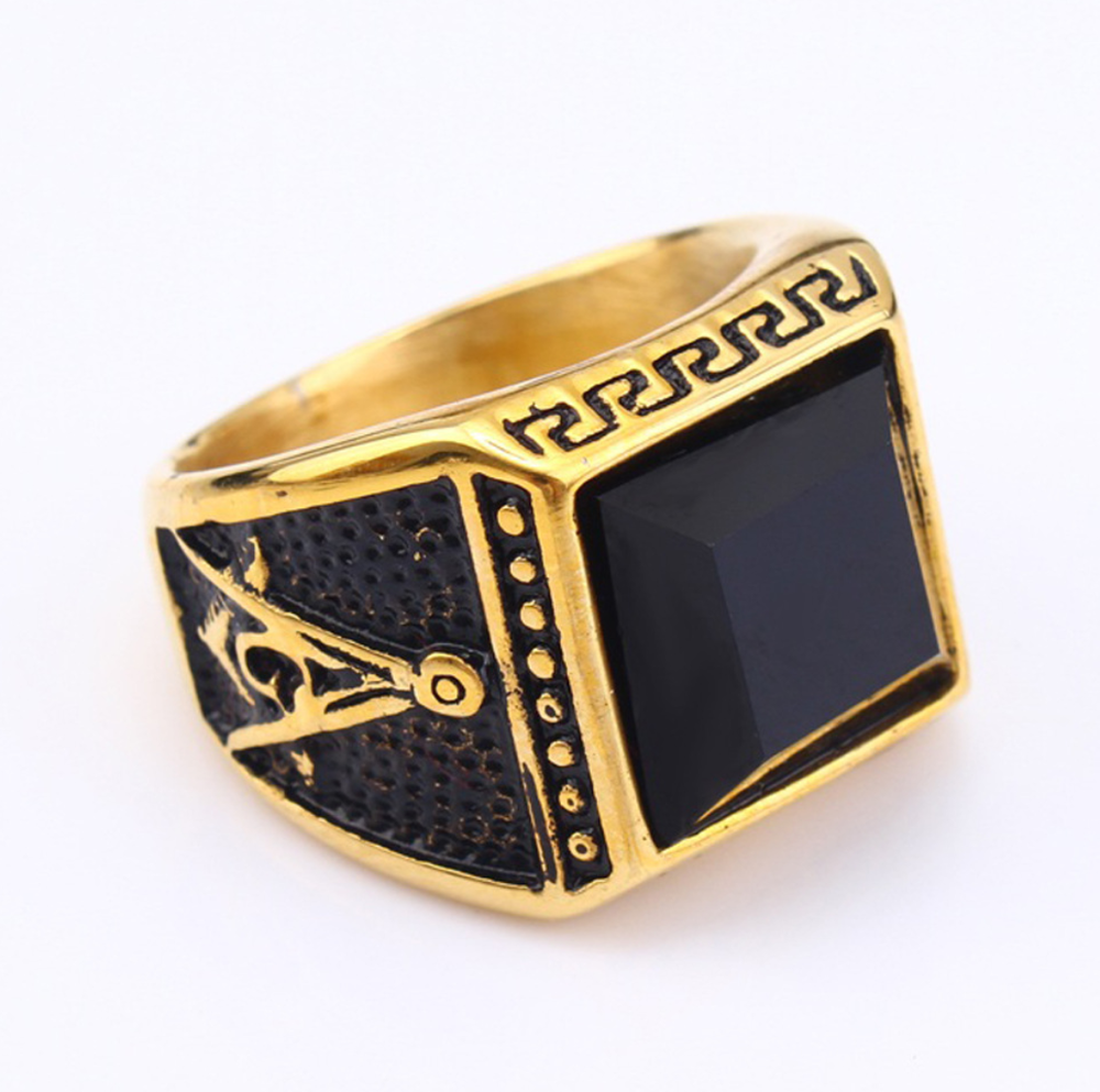 Valentine's day Gift Gold Plating 316L Stainless Steel Casting Ring Jewelry Black Stone Masonic rings