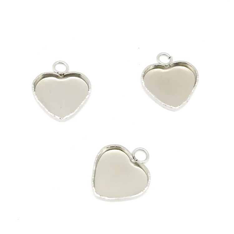 Silver stainless steel blank cabochon tray Heart Charm making pendant base polymer clay jewelry tray for DIY