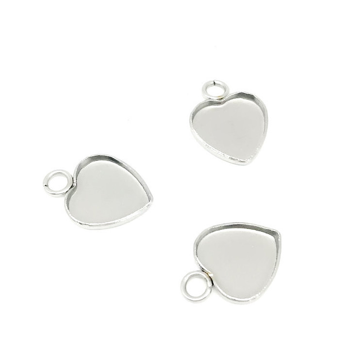 Silver stainless steel blank cabochon tray Heart Charm making pendant base polymer clay jewelry tray for DIY