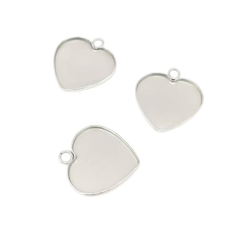 Silver stainless steel blank cabochon tray Heart Charm making pendant base polymer clay jewelry tray for DIY