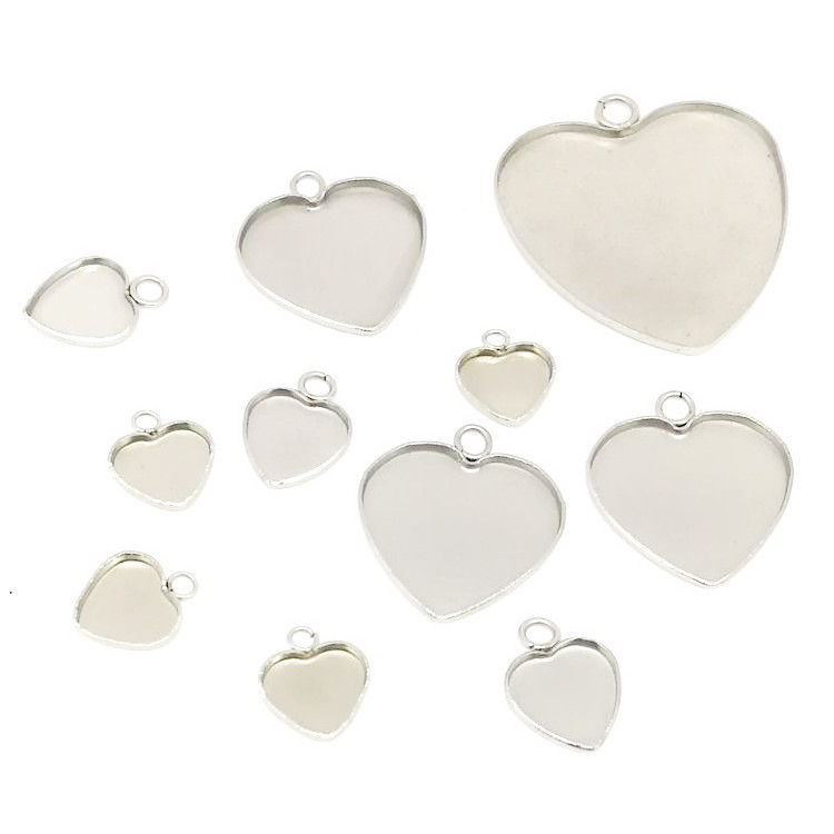 Silver stainless steel blank cabochon tray Heart Charm making pendant base polymer clay jewelry tray for DIY