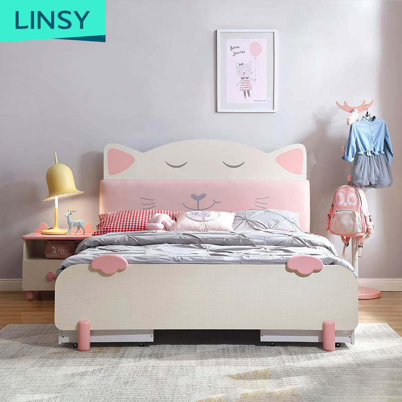 Linsy Modern Children Bedroom Furniture Soft Cat Bed Wooden Cat Queen Size Single Bed Frame For Girl Ea1A