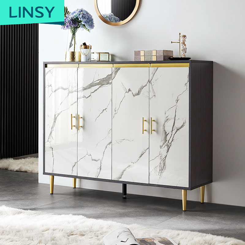 Linsy Luxury Hotel Living Room Furniture Black Gold Meta Classic Storage Furniture Cheap Living Room White Shoe Cabinet JH4N