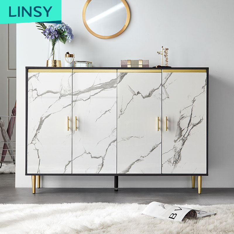 Linsy Luxury Hotel Living Room Furniture Black Gold Meta Classic Storage Furniture Cheap Living Room White Shoe Cabinet JH4N