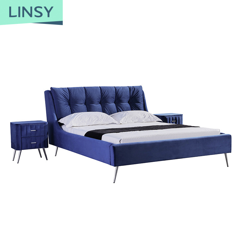 Linsy Wholesale Cama Nordic Modern Double King Size Blue Velvet Button Tufed Bed K318