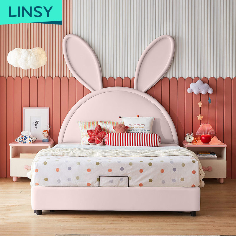 Linsy Pink Chidren Beds Single Wooden Fancy Modern Kids Leather Bed For Girls Princess LS225