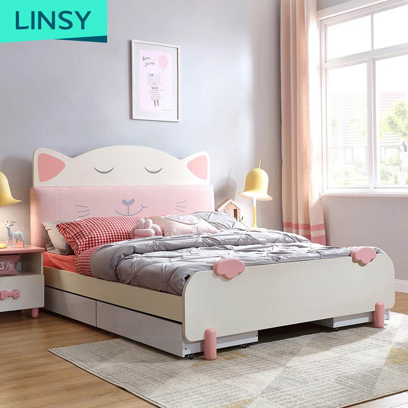 Linsy Modern Children Bedroom Furniture Soft Cat Bed Wooden Cat Queen Size Single Bed Frame For Girl Ea1A