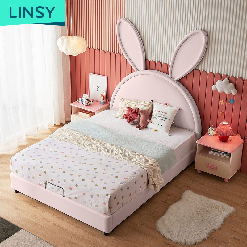 Linsy Pink Chidren Beds Single Wooden Fancy Modern Kids Leather Bed For Girls Princess LS225