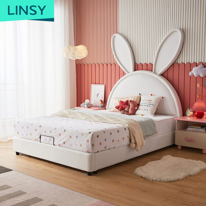 Linsy Pink Chidren Beds Single Wooden Fancy Modern Kids Leather Bed For Girls Princess LS225